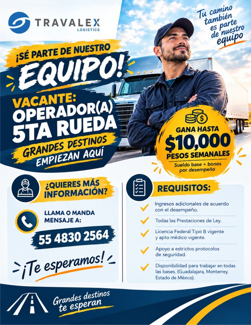 Banner del anuncio de la vacante: TRAVALEX · LOGISTICS · ¡SÉ PARTE DE NUESTRO · EQUIPO! · VACANTE: · OPERADOR(A) · 5TA RUEDA · GRANDES DESTINOS · EMPIEZAN AQUÍ · ¿QUIERES MÁS