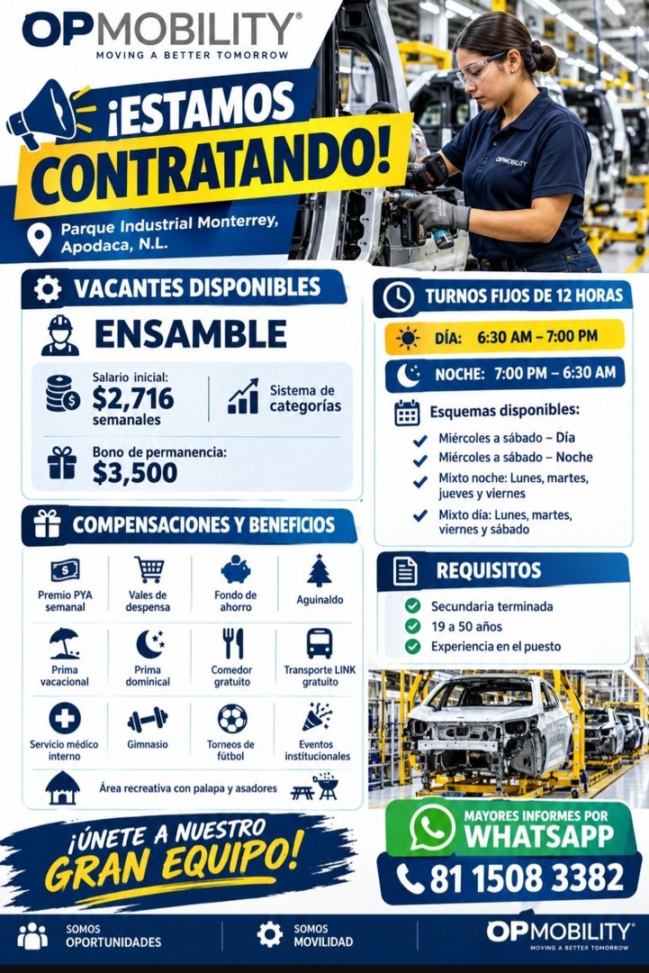 Banner del anuncio de la vacante: OPMOBILITY® · MOVING A BETTER TOMORROW · ¡ESTAMOS · CONTRATANDO! · Parque Industrial Monterrey, · Apodaca, N.L. · VACANTES DISPONIBLES · ENS