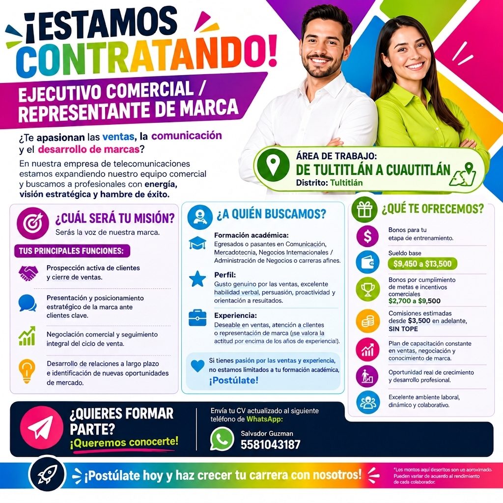 Banner del anuncio de la vacante: •¡ESTAMOS · CONTRATANDO! · EJECUTIVO COMERCIAL / · REPRESENTANTE DE MARCA · ¿Te apasionan las ventas, la comunicación · y el desarrollo de m
