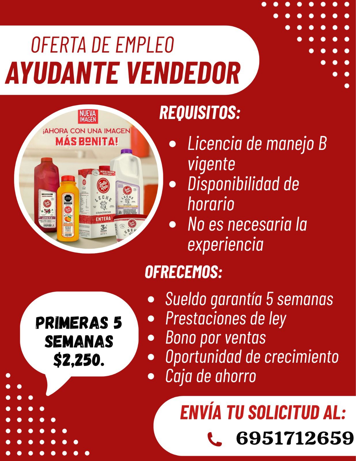 Banner del anuncio de la vacante: OFERTA DE EMPLEO · AYUDANTE VENDEDOR · NUEVA · IMAGEN · ¡AHORA CON UNA IMAGEN · MAS BONITA! · ENTERA · 3% · PRIMERAS 5 · SEMANAS · $2,250. ·