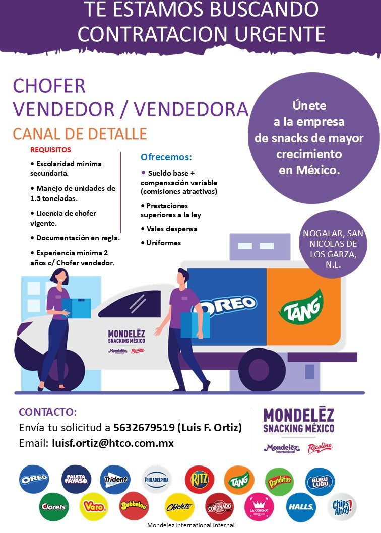 Banner del anuncio de la vacante: TE ESTAMOS BUSCANDO · CONTRATACION URGENTE · CHOFER · VENDEDOR / VENDEDORA · CANAL DE DETALLE · REQUISITOS · Ofrecemos: · • Escolaridad mini
