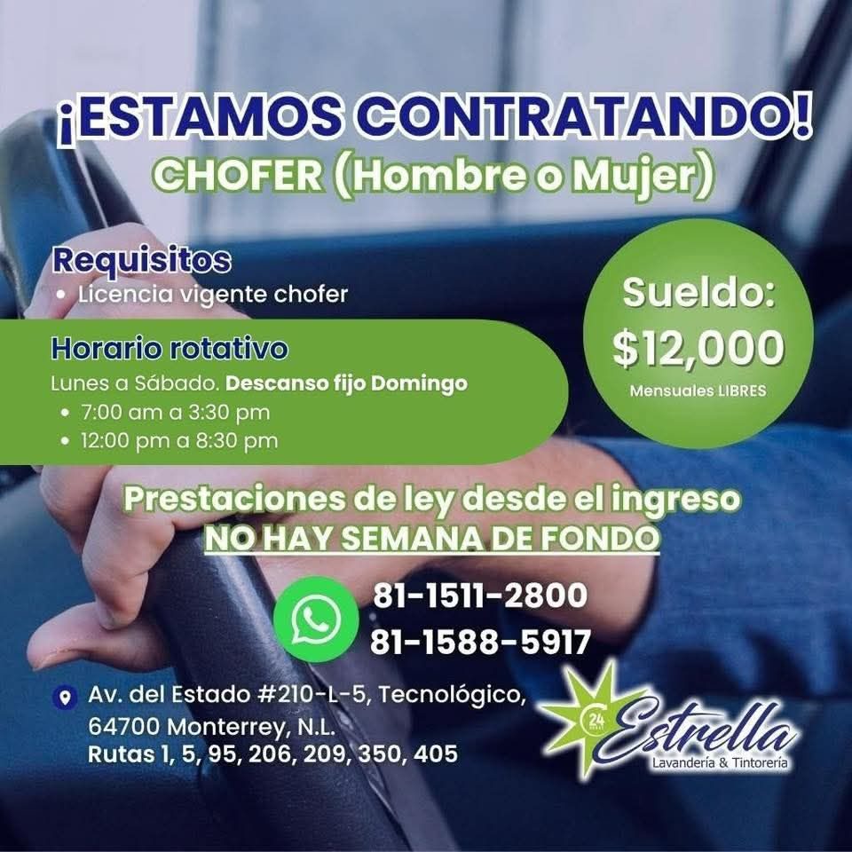 Banner del anuncio de la vacante: ¡ESTAMOS CONTRATANDO! · CHOFER (Hombre o Mujer) · Requisitos · • Licencia vigente chofer · Horario rotativo · Lunes a Sábado. Descanso fijo 