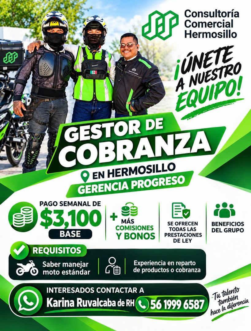 Banner del anuncio de la vacante: SP · Consultoría · Comercial · Hermosillo · A NUESTRO · ÚNETE · EQUIPO! · GESTOR DE · COBRANZA · 9 EN HERMOSILLO · GERENCIA PROGRESO · PAGO 