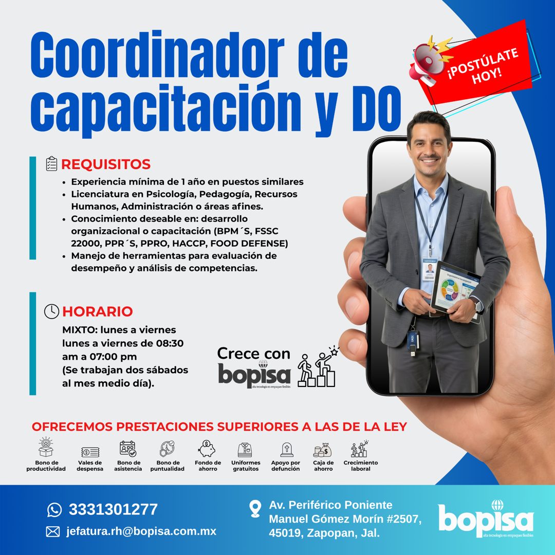 Banner del anuncio de la vacante: Coordinador de · capacitación y DO · REQUISITOS · • Experiencia mínima de 1 año en puestos similares · • Licenciatura en Psicología, Pedagog