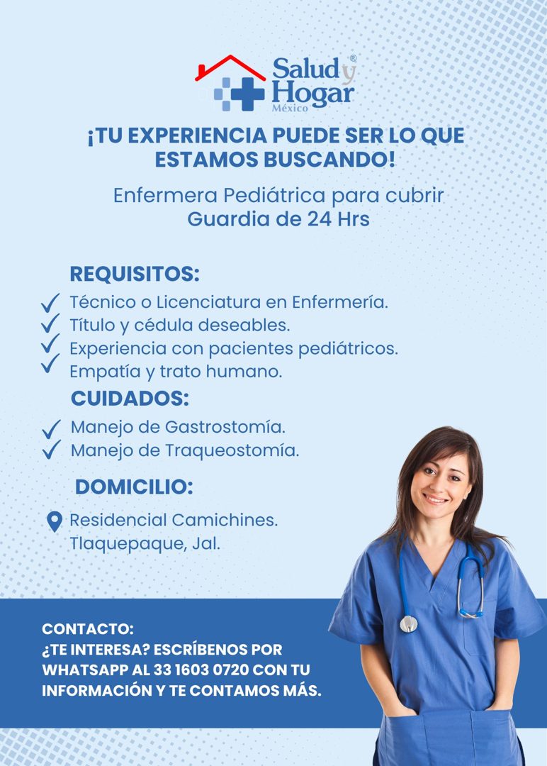 Banner del anuncio de la vacante: Salud u · ¢+ Hogar · México · ¡TU EXPERIENCIA PUEDE SER LO QUE · ESTAMOS BUSCANDO! · Enfermera Pediátrica para cubrir · Guardia de 24 Hrs · 