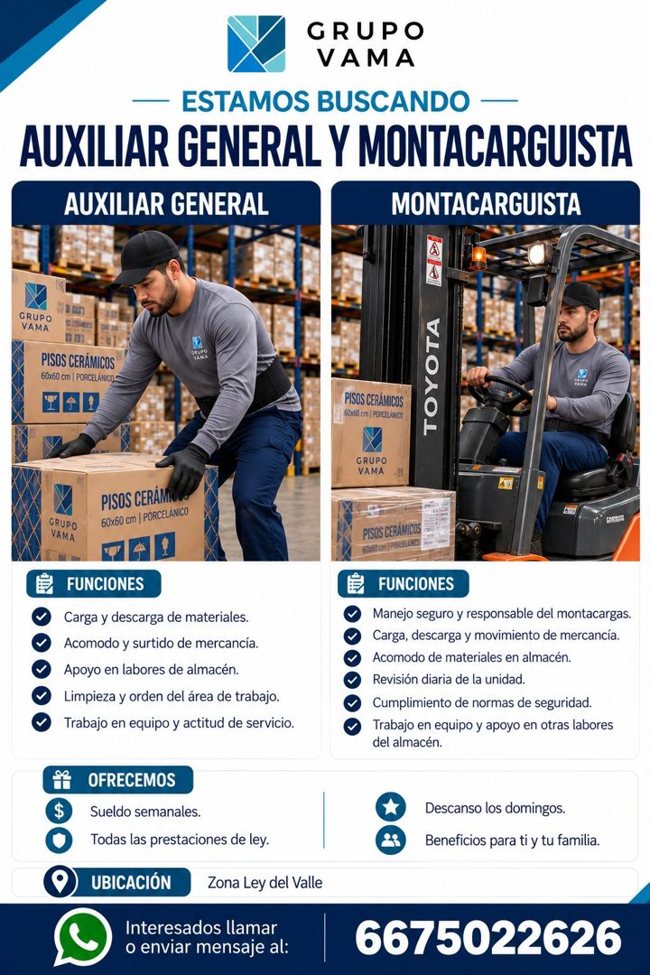Banner del anuncio de la vacante: GRUPO · VAMA · ESTAMOS BUSCANDO - · AUXILIAR GENERAL Y MONTACARGUISTA · AUXILIAR GENERAL · MONTACARGUISTA · GRUPO · VAMA · PISOS CERÁMICOS ·