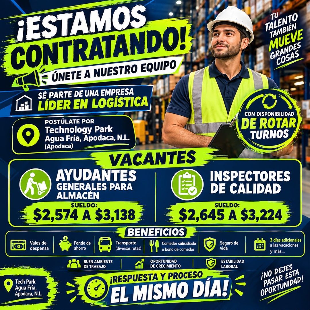 Banner del anuncio de la vacante: ¡ESTAMOS · CONTRATANDO! · - ÚNETE A NUESTRO EQUIPO · SÉ PARTE DE UNA EMPRESA · LÍDER EN LOGÍSTICA · TU · TALENTO · TAMBIÉN · MUEVE · GRANDES