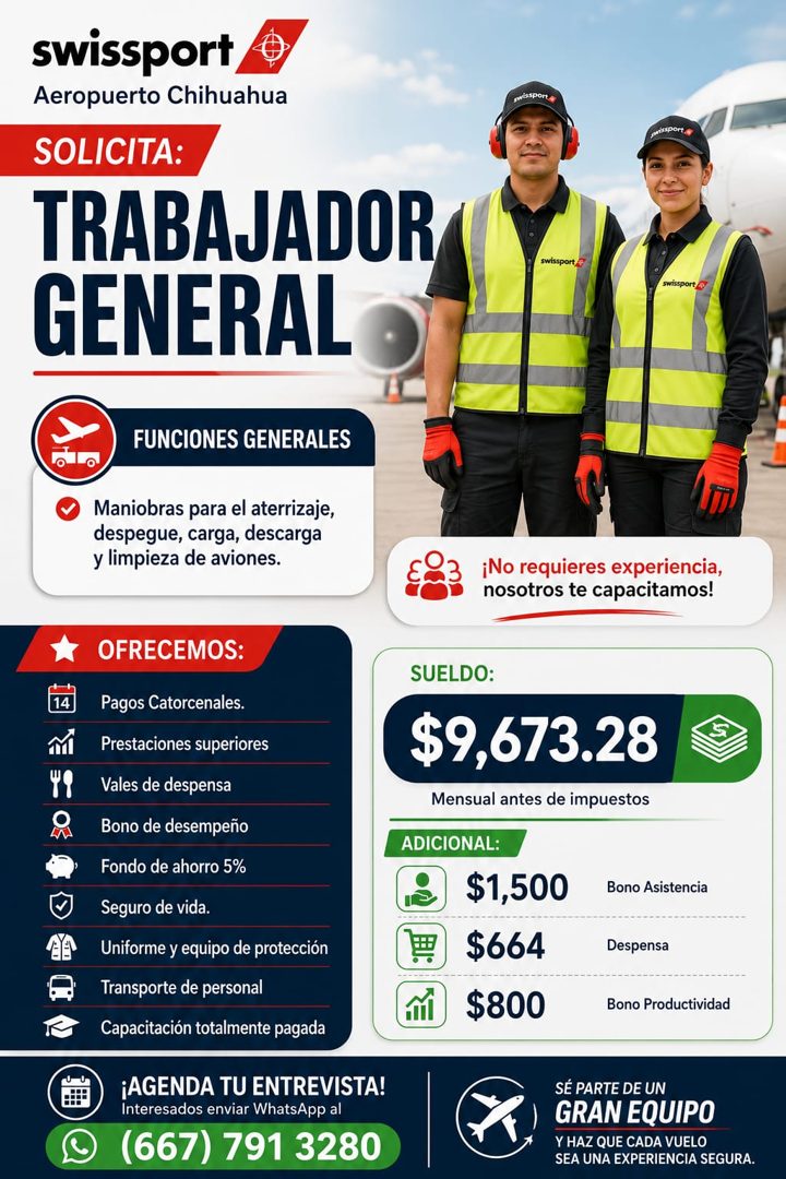 Banner del anuncio de la vacante: swissport · Aeropuerto Chihuahua · SOLICITA: · TRABAJADOR · GENERAL · swiaspon · missporte · swissport · swissport · FUNCIONES GENERALES · M