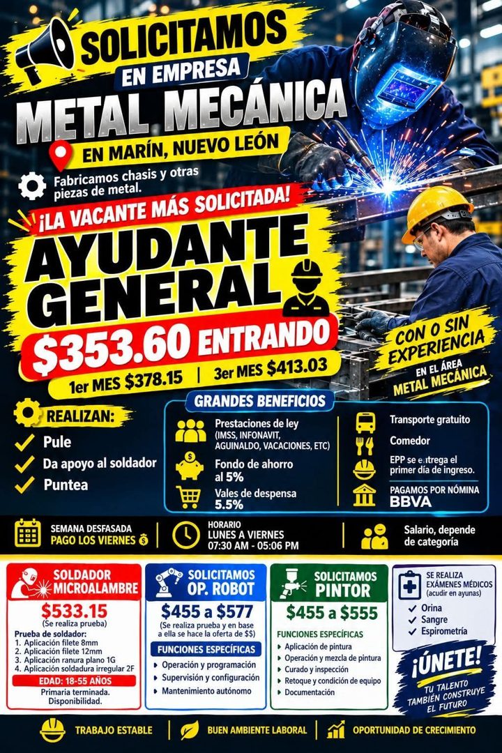 Banner del anuncio de la vacante: • SOLICITAMOS · EN EMPRESA · METAL, MECÁNICA · EN MARÍN, NUEVO LEÓN · Fabricamos chasis y otras · piezas de metal. · VILA VACANTE MÁS SOLICI
