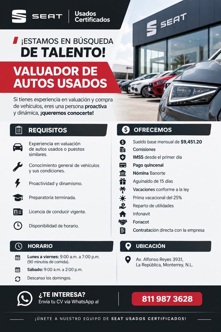 Banner del anuncio de la vacante: SEAT · Usados · Certificados · SEAT · • ¡ESTAMOS EN BÚSQUEDA · DE TALENTO! · VALUADOR DE · AUTOS USADOS · Si tienes experiencia en valuación