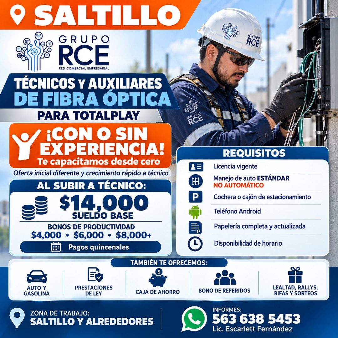 Banner del anuncio de la vacante: • SALTILLO · GRUPO · RCE · RED COMERCIAL EMPRESARIAL · TÉCNICOS Y AUXILIARES · DE FIBRA OPTICA · PARA TOTALPLAY · ¡CON O SIN · EXPERIENCIA! 
