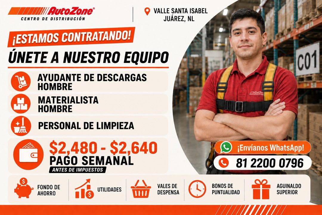 Banner del anuncio de la vacante: Auto Zone® · CENTRO DE DISTRIBUCIÓN · ¡ESTAMOS CONTRATANDO! · ÚNETE A NUESTRO EQUIPO · AYUDANTE DE DESCARGAS · HOMBRE · MATERIALISTA · HOMBR