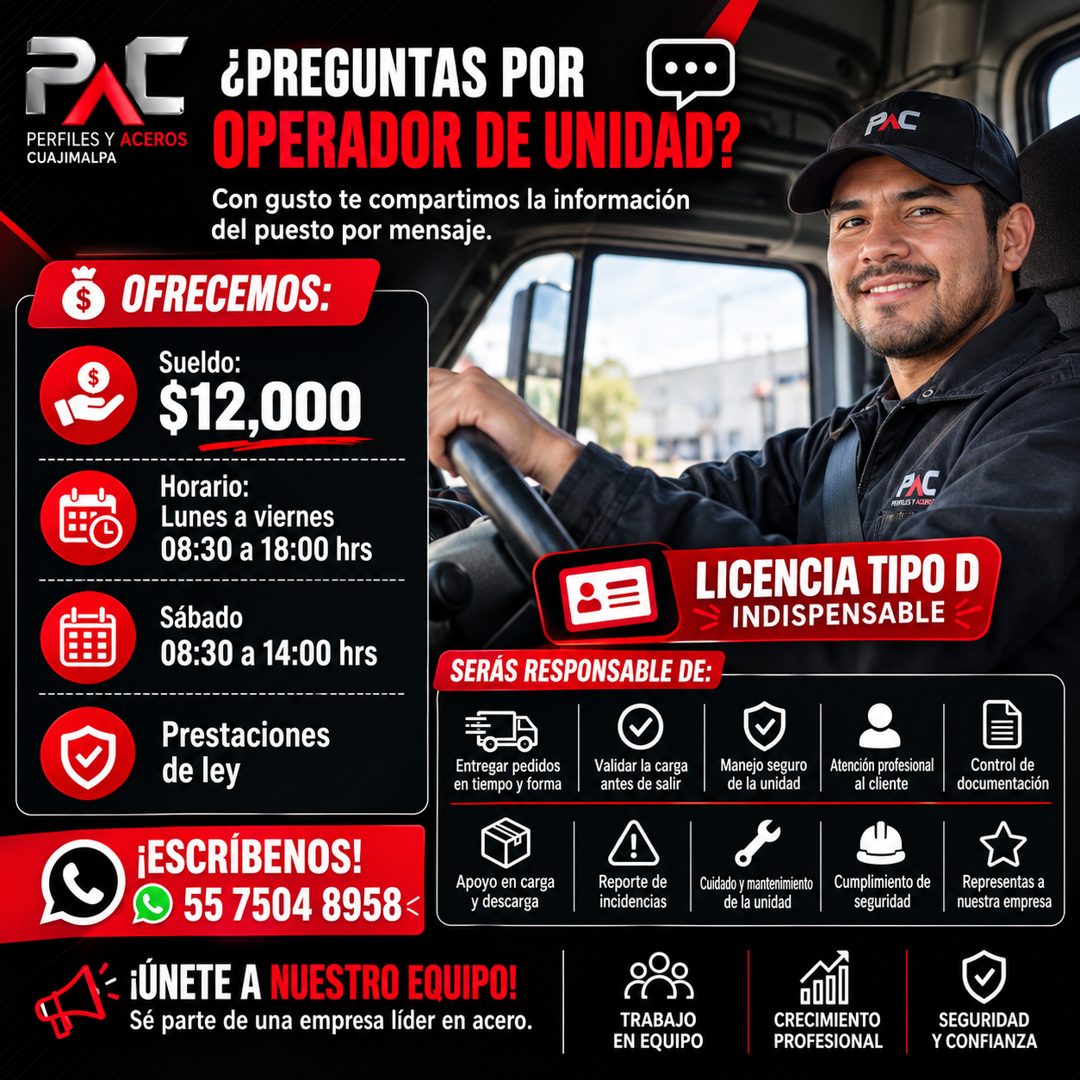 Banner del anuncio de la vacante: PAC · PERFILES Y ACEROS · CUAJIMALPA · ¿PREGUNTAS POR · OPERADOR DE UNIDAD? · Con gusto te compartimos la información · del puesto por mensa