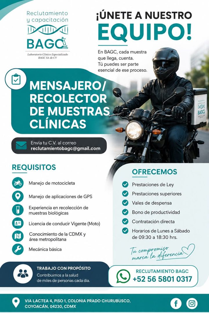 Banner del anuncio de la vacante: Reclutamiento · y capacitación · ¡ÚNETE A NUESTRO · EQUIPO! · BAGO · Laboratorio Clínico Especializado · BAGC SA de CV · En BAGC, cada muest