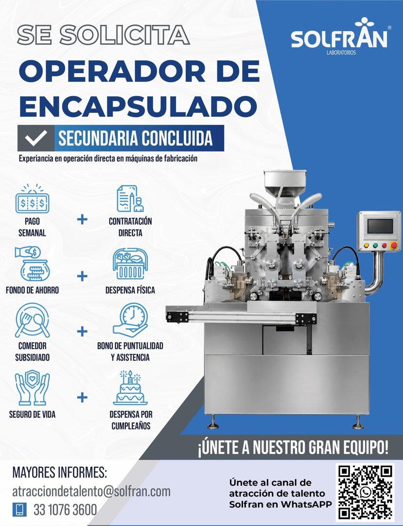 Banner del anuncio de la vacante: SE SOLICITA · OPERADOR DE · ENCAPSULADO · SECUNDARIA CONCLUIDA · Experiancia en operación directa en máquinas de fabricación · SOLFRẮN® · LA