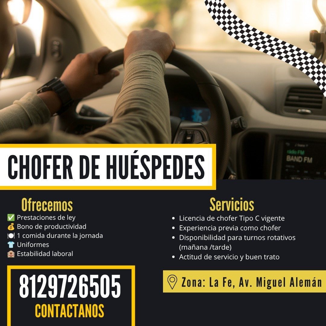 Banner del anuncio de la vacante: CHOFER DE HUÉSPEDES · tade FM · BAND FM · Ofrecemos · Prestaciones de ley · Bono de productividad · el 1 comida durante la jornada · T Unifo