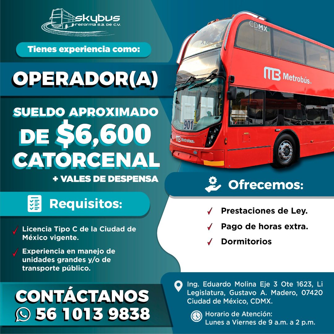 Banner del anuncio de la vacante: skubus · jreForma s.a. De C.V. · Tienes experiencia como: · OPERADOR(A) · SUELDO APROXIMADO · DE $6,600 · CATORCENAL · + VALES DE DESPENSA ·