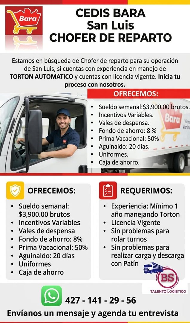 Banner del anuncio de la vacante: Bara · CEDIS BARA · San Luis · CHOFER DE REPARTO · Estamos en búsqueda de Chofer de reparto para su operación · de San Luis, si cuentas con 