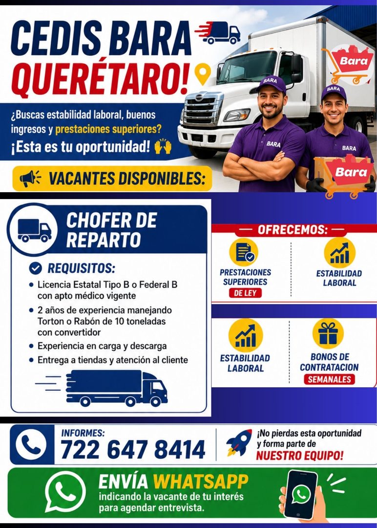Banner del anuncio de la vacante: CEDIS BARA · QUERÉTARO! · ¿Buscas estabilidad laboral, buenos · ingresos y prestaciones superiores? · ¡Esta es tu oportunidad! · N: VACANTES