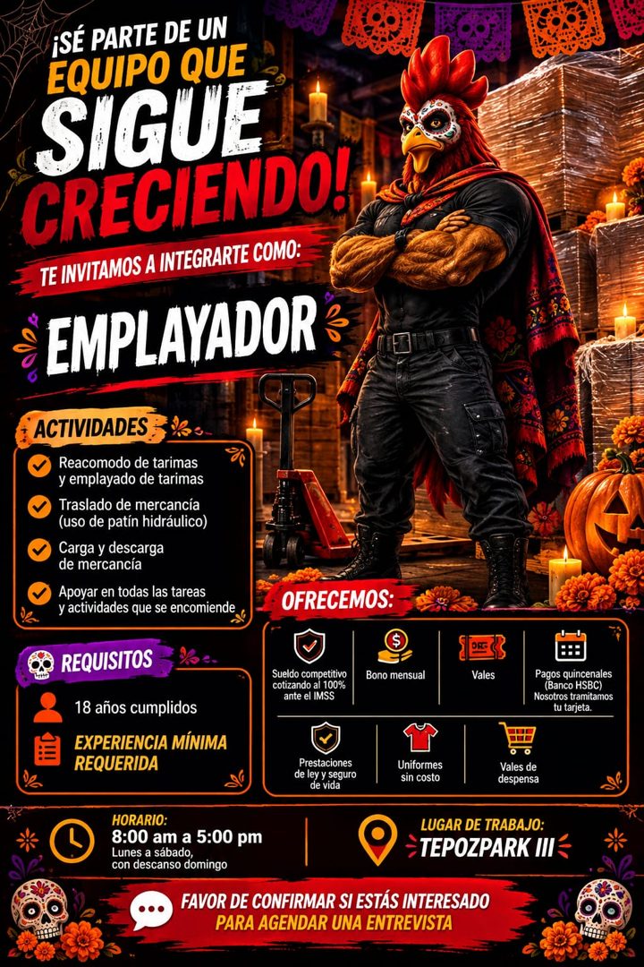 Banner del anuncio de la vacante: ¡SÉ PARTE DE UN · EQUIPO QUE · SIGUE · CRECIENDO! · TE INVITAMOS A INTEGRARTE COMO: · EMPLAYADOR& · ACTIVIDADES · Reacomodo de tarimas · y e