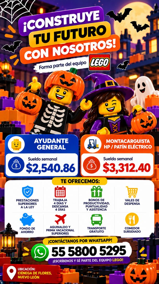 Banner del anuncio de la vacante: ¡CONSTRUYE · TU FUTURO · CON NOSOTROS! · Forma parte del equipo LEGO · AYUDANTE · GENERAL · MONTACARGUISTA · HP / PATÍN ELÉCTRICO · Sueldo s