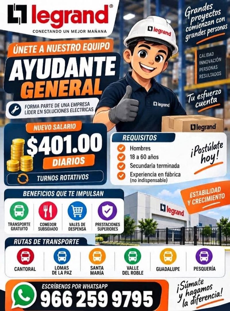 Banner del anuncio de la vacante: Ll legrand' · CONECTANDO UN MEJOR MANANA · ÚNETE A NUESTRO EQUIPO · AYUDANTE · GENERAL · FORMA PARTE DE UNA EMPRESA · LIDER EN SOLUCIONES EL