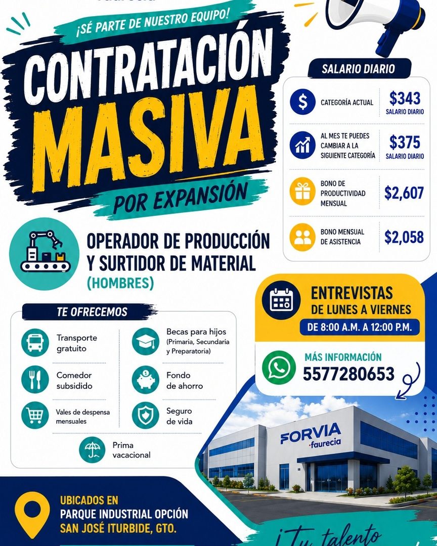 Banner del anuncio de la vacante: ¡SÉ PARTE DE NUESTRO EQUIPO! · CONTRATACIÓN · MASIVA · POR EXPANSIÓN · OPERADOR DE PRODUCCIÓN · Y SURTIDOR DE MATERIAL · (HOMBRES) · TE OFRE