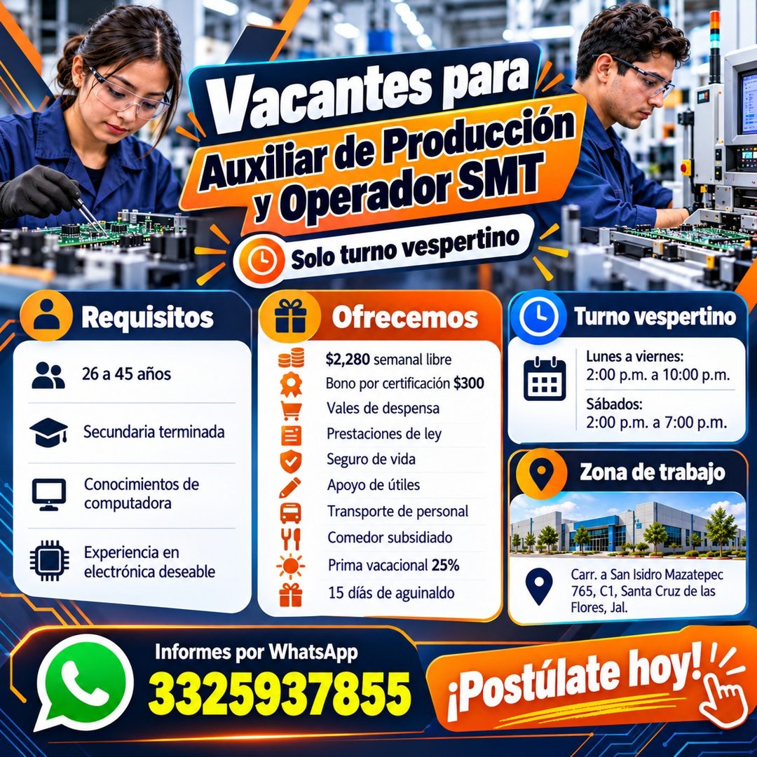 Banner del anuncio de la vacante: BERN · Requisitos · 26 a 45 años · Secundaria terminada · Conocimientos de · computadora · Experiencia en · electrónica deseable · Vacantes 