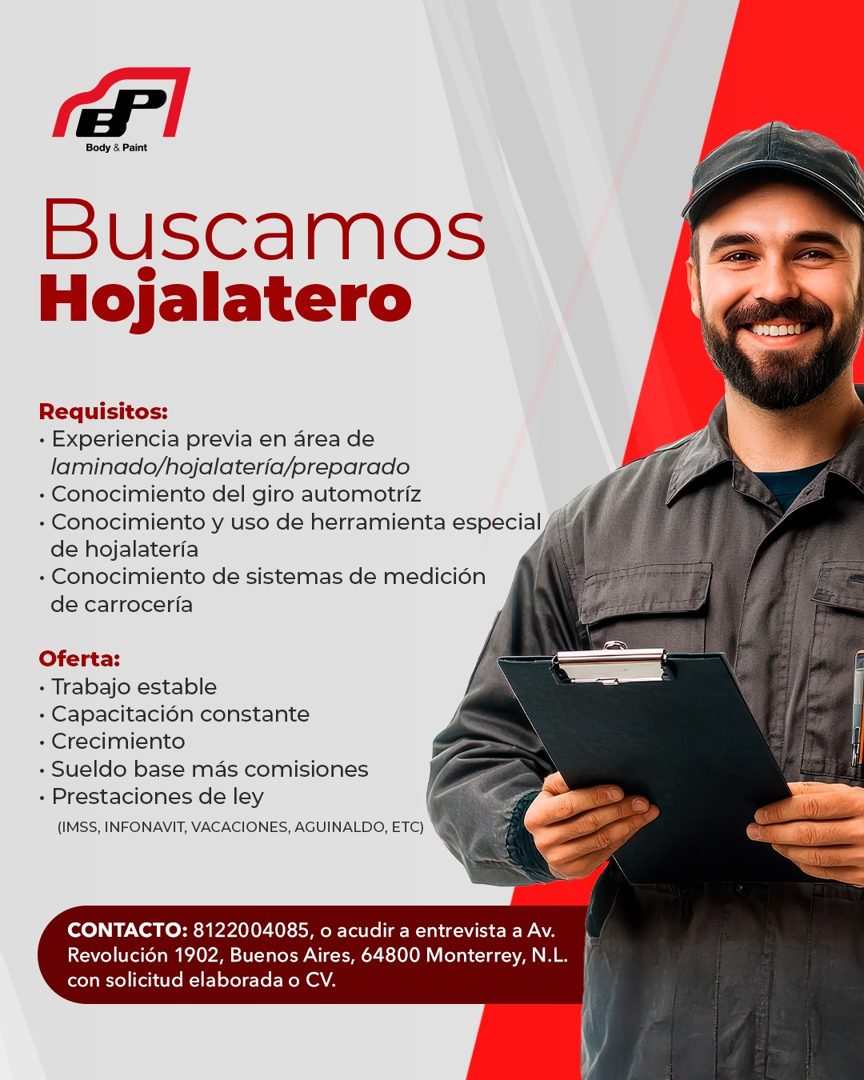 Banner del anuncio de la vacante: Body & Paint · Buscamos · Hojalatero · Requisitos: · • Experiencia previa en área de · laminado/hojalatería/preparado · • Conocimiento del g