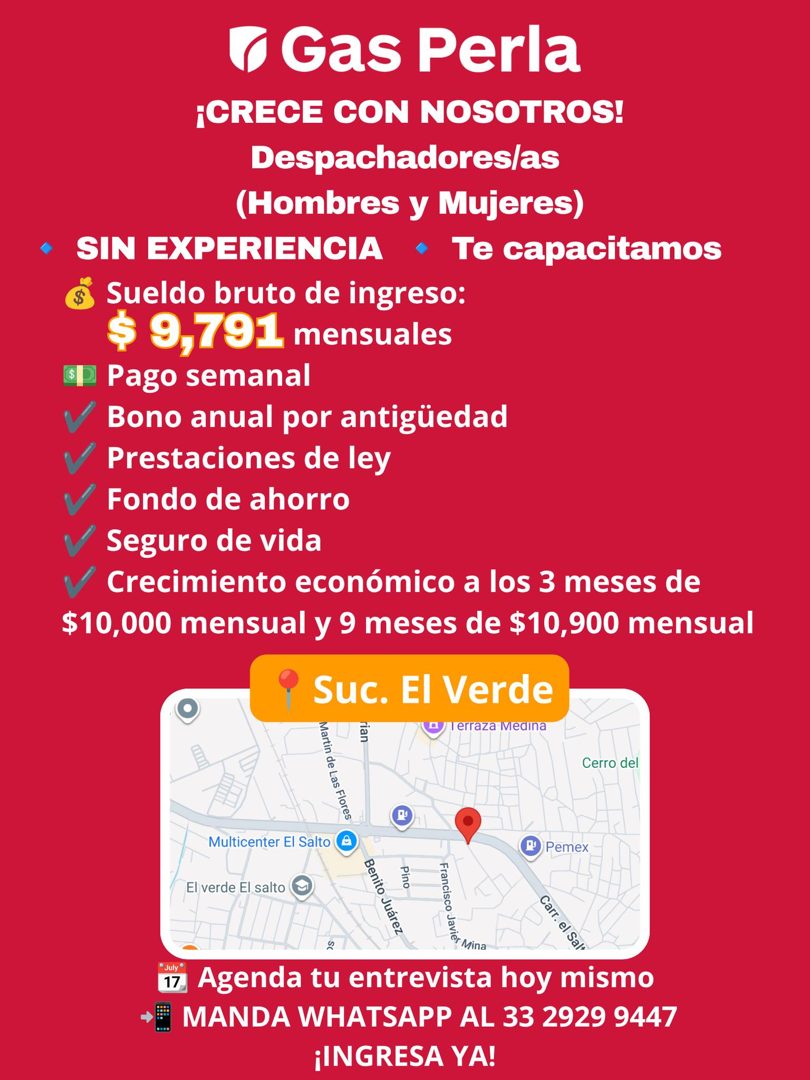 Banner del anuncio de la vacante: 7 Gas Perla · ¡CRECE CON NOSOTROS! · Despachadores/as · (Hombres y Mujeres) · • SIN EXPERIENCIA • Te capacitamos · Sueldo bruto de ingreso: 