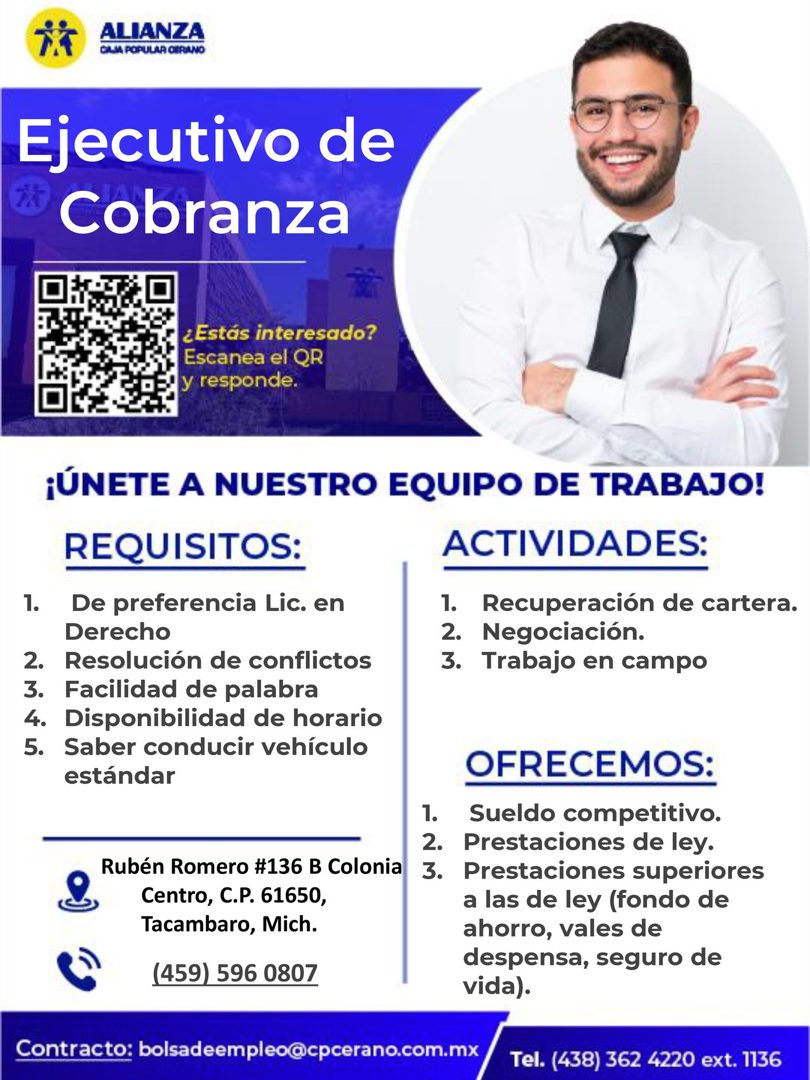 Banner del anuncio de la vacante: ALIANZA · CALIA POPULAR CERANO · Ejecutivo de · Cobranza · ¿Estás interesado? · Escanea el QR · y responde. · ¡ÚNETE A NUESTRO EQUIPO DE TRA
