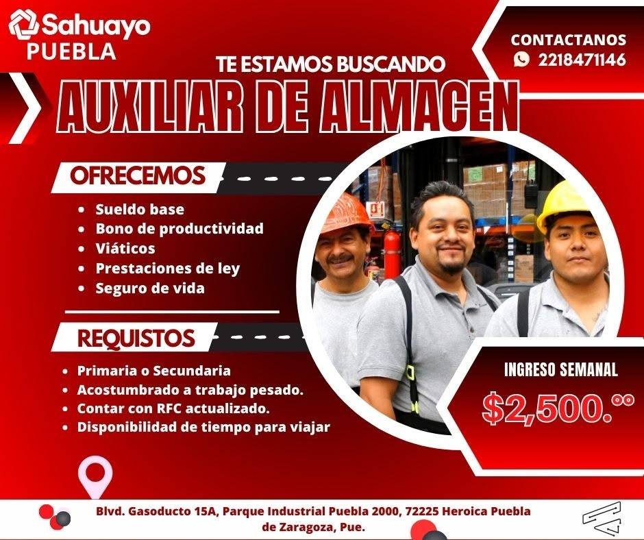 Banner del anuncio de la vacante: -Sahuayo · PUEBLA · TE ESTAMOS BUSCANDO · AUXILIAR DE ALMACEN · OFRECEMOS · • Sueldo base · • Bono de productividad · • Viáticos · • Prestac