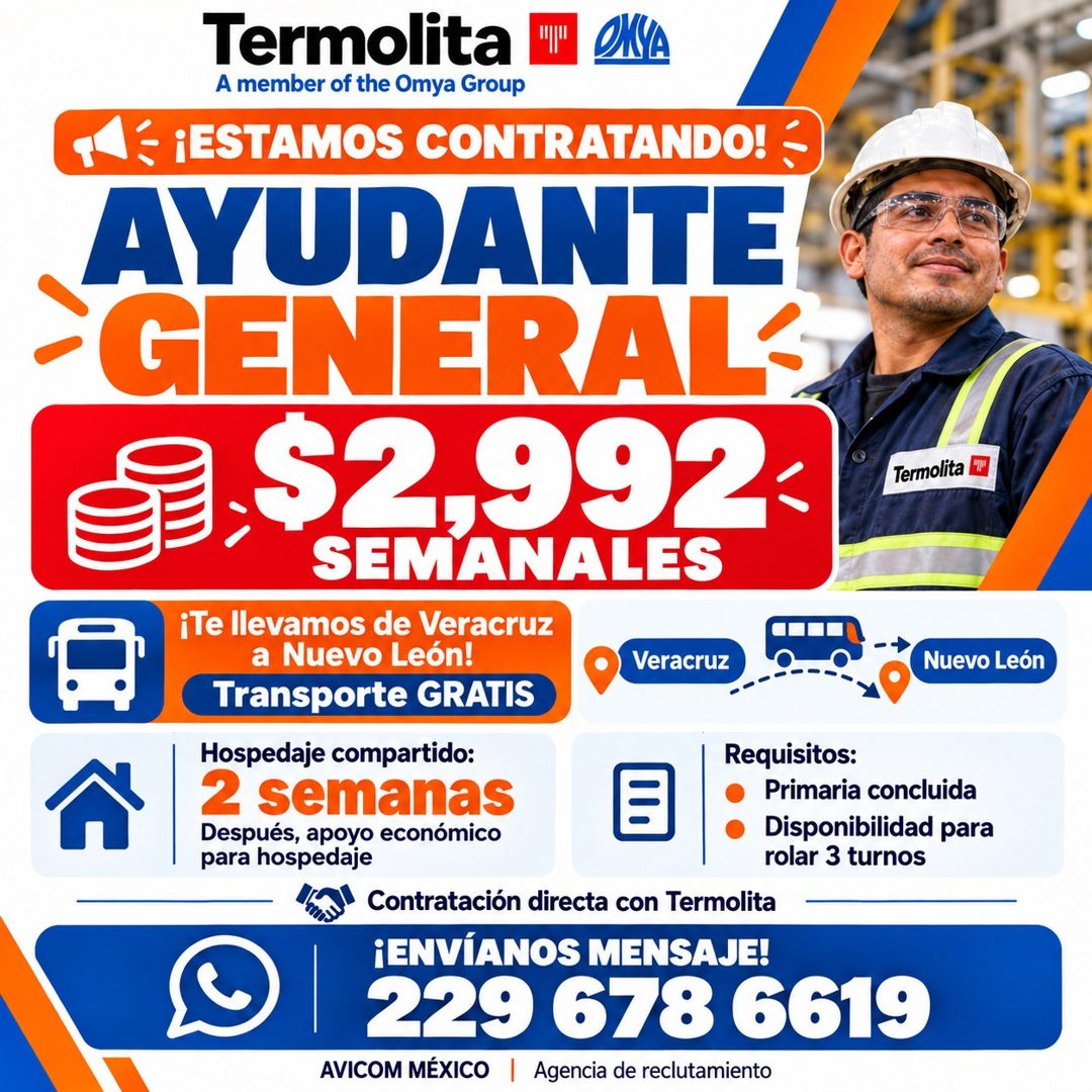 Banner del anuncio de la vacante: Termolita · A member of the Omya Group · ¡ESTAMOS CONTRATANDO! · AYUDANTE · GENERAL: · 92,992 · Termolita · SEMANALES · ¡Te llevamos de Vera