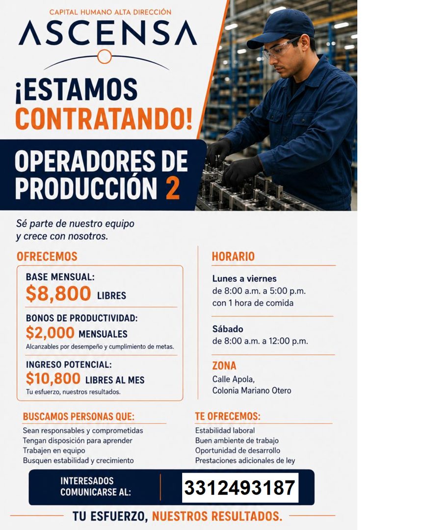 Banner del anuncio de la vacante: CAPITAL HUMANO ALTA DIRECCIÓN · ASCENSA · ¡ESTAMOS · CONTRATANDO! · OPERADORES DE · PRODUCCION 2 · Sé parte de nuestro equipo · y crece con 