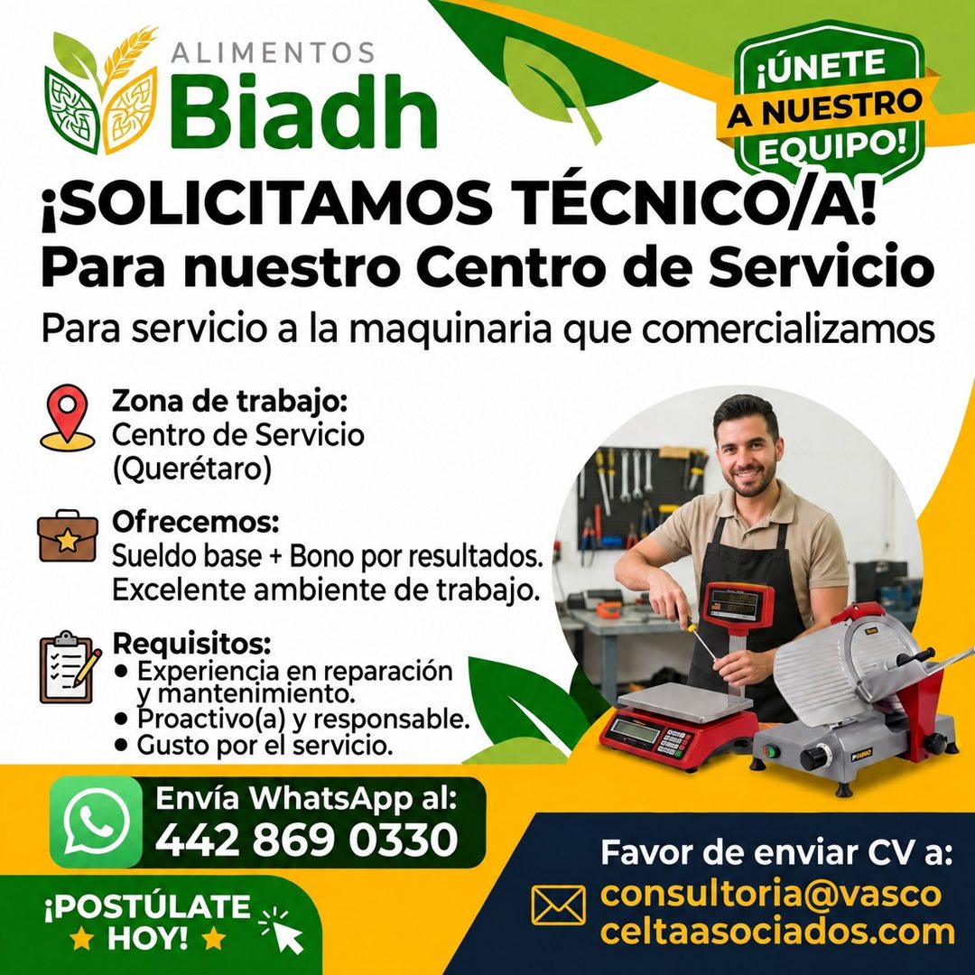 Banner del anuncio de la vacante: ALIMENTOS · ¡ÚNETE · Biadh · A NUESTRO · EQUIPO! · ¡SOLICITAMOS TÉCNICO/A! · Para nuestro Centro de Servicio · Para servicio a la maquinaria