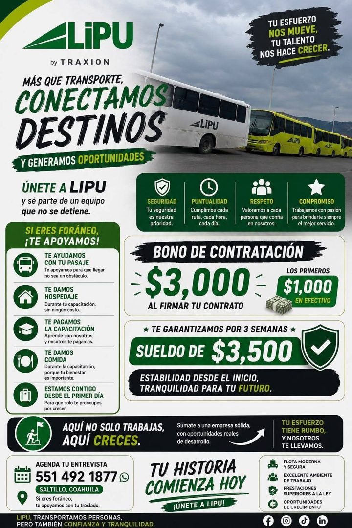 Banner del anuncio de la vacante: LiPU · by TRAXION · MÁS QUE TRANSPORTE, · CONECTAMOS · DESTINOS · Y GENERAMOS OPORTUNIDADES · ÚNETE A LIPU · y sé parte de un equipo · que n