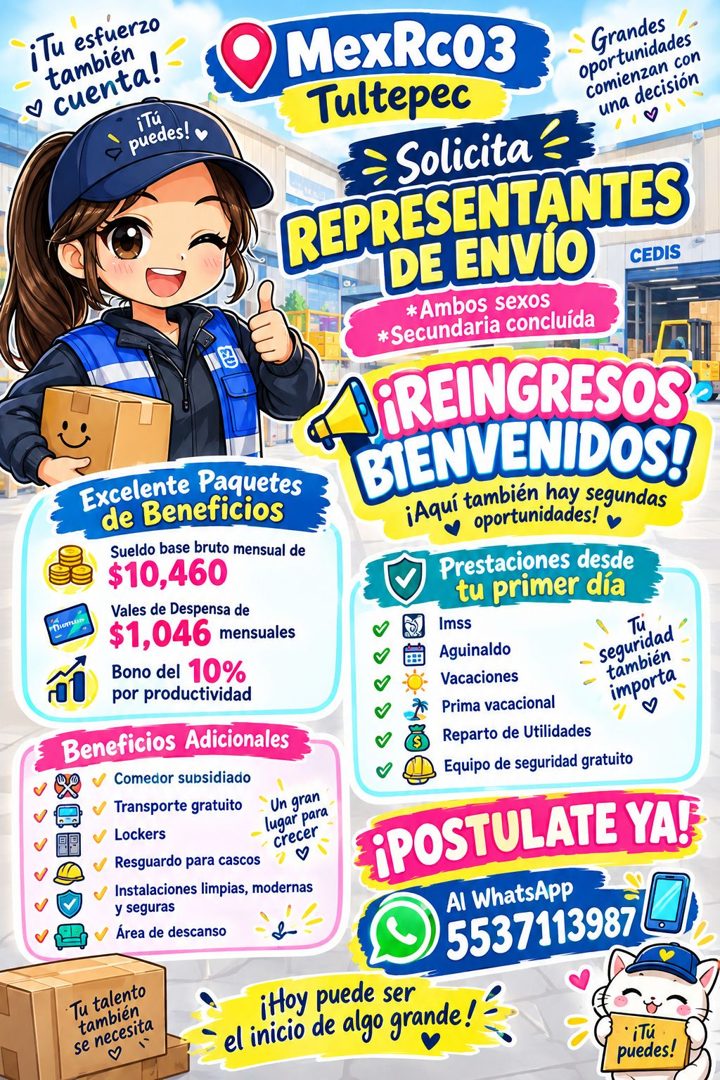 Banner del anuncio de la vacante: ¡Tu esfuerzo · también · y cuenta! · iTú · puedes! v · Excelente Paquetes · de Beneficios · Sueldo base bruto mensual de · $10,460 · Vales d