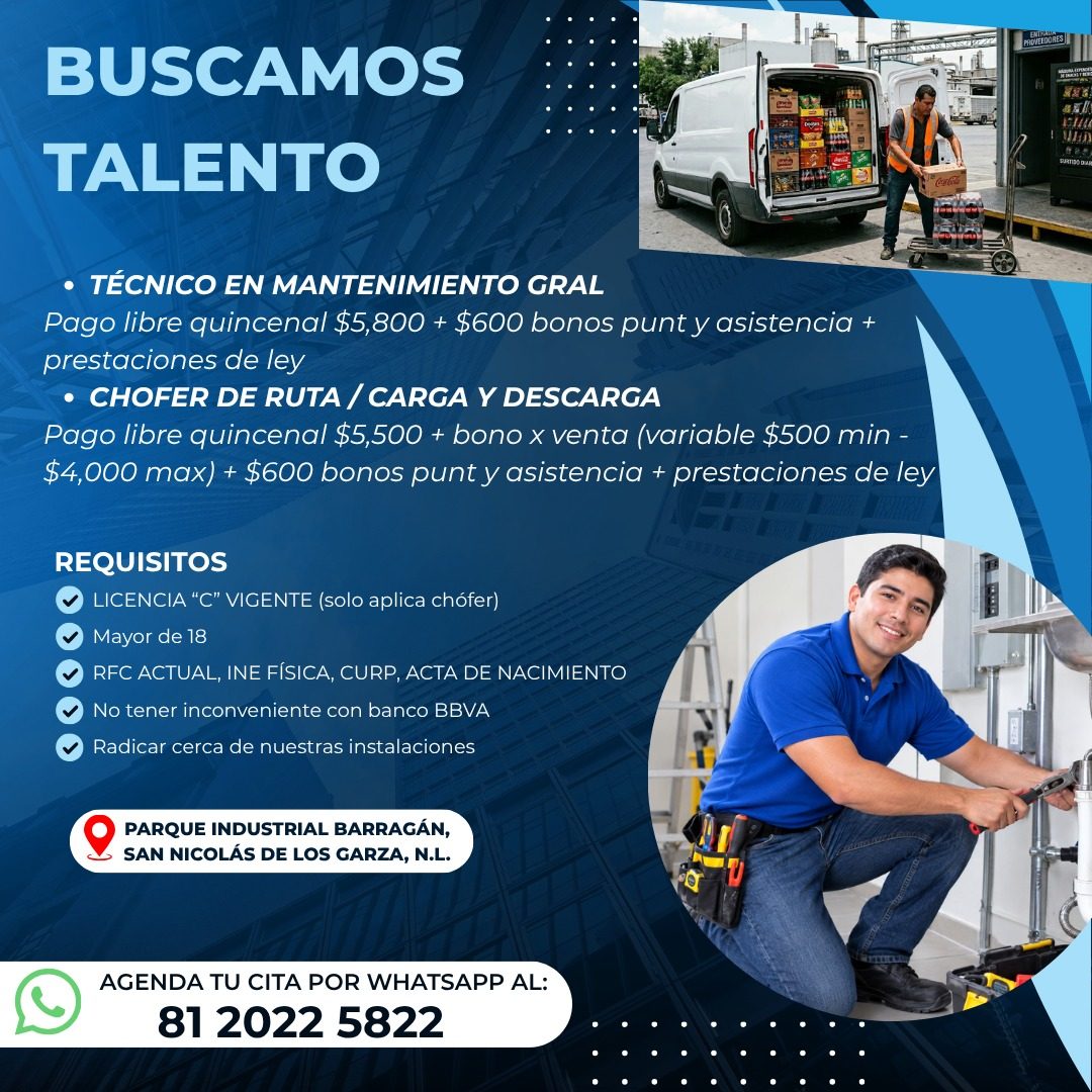 Banner del anuncio de la vacante: BUSCAMOS · TALENTO · 15144 · CANSO DA · • TÉCNICO EN MANTENIMIENTO GRAL · Pago libre quincenal $5,800 + $600 bonos punt y asistencia + · pre