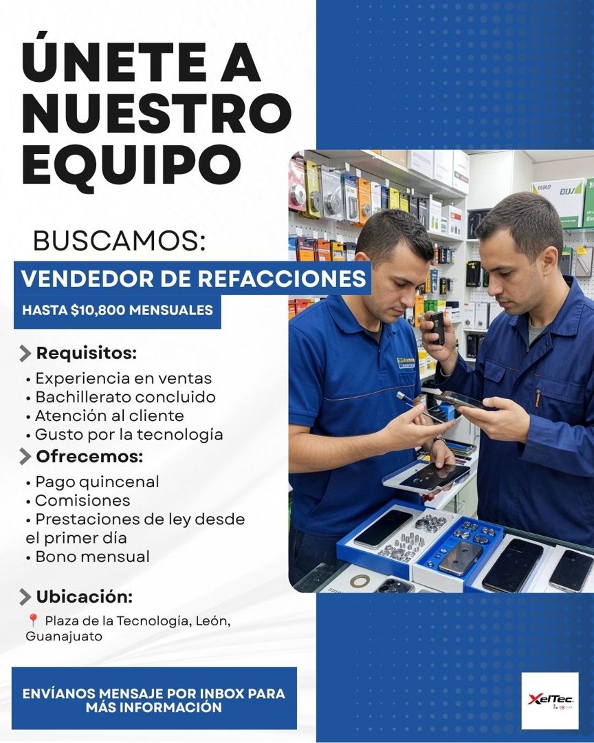 Banner del anuncio de la vacante: ÚNETE A · NUESTRO · EQUIPO · BUSCAMOS: · VENDEDOR DE REFACCIONES · HASTA $10,800 MENSUALES · › Requisitos: · • Experiencia en ventas · • Bac
