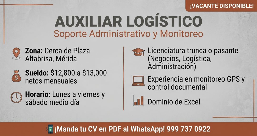 Banner del anuncio de la vacante: S · ¡VACANTE DISPONIBLE! · AUXILIAR LOGÍSTICO · Soporte Administrativo y Monitoreo · Zona: Cerca de Plaza · Altabrisa, Mérida · Sueldo: $12,