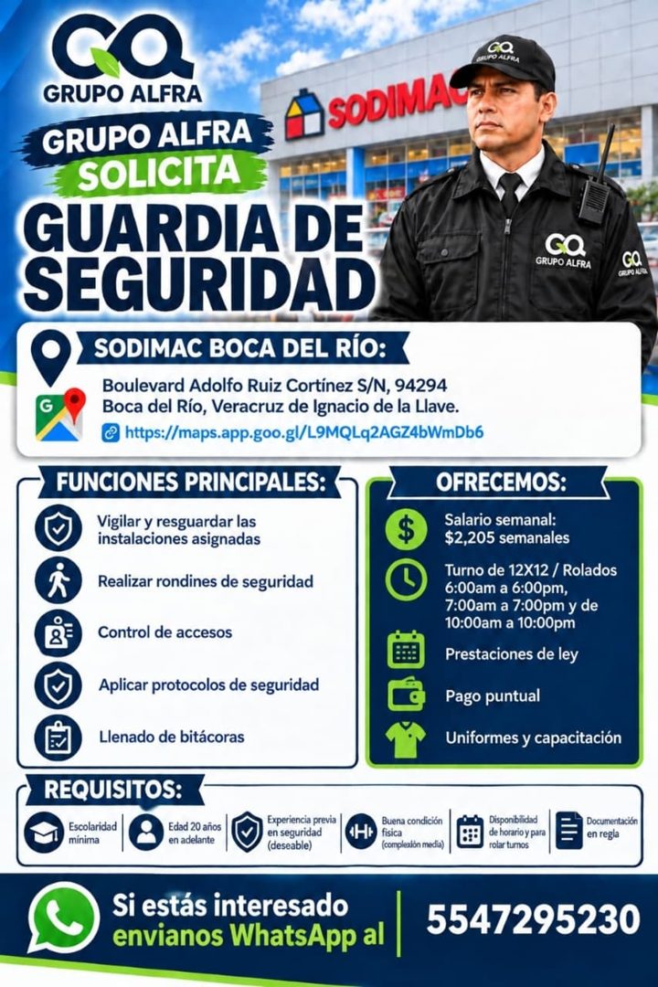 Banner del anuncio de la vacante: SUPO ALFRA · GRUPO ALFRA · A SODIMA · GRUPO ALFRA · SOLICITA · GUARDIA DE · SEGURIDAD · GRUPO ALFRA · GO · GRUPO NFA · • SODIMAC BOCA DEL RÍ