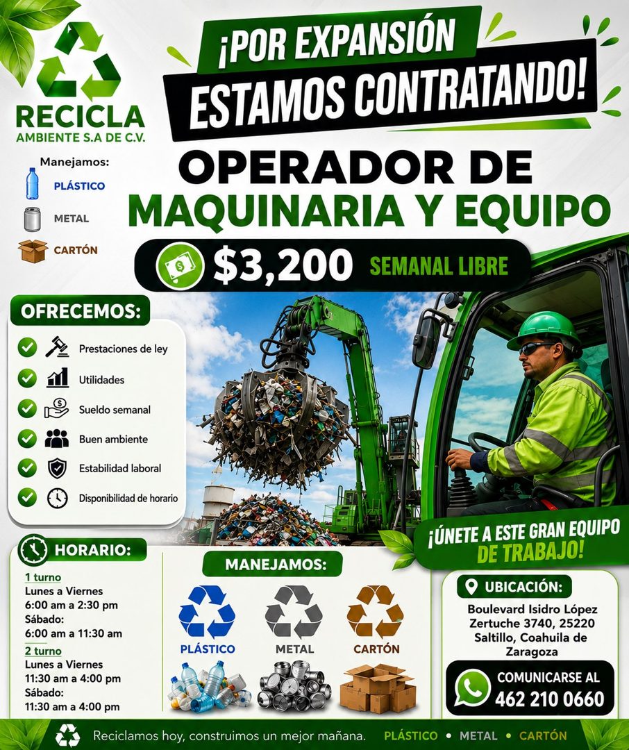 Banner del anuncio de la vacante: RECICLA · AMBIENTE S.A DE C.V. · Manejamos: · PLÁSTICO · METAL · CARTÓN · ¡POR EXPANSIÓN · ESTAMOS CONTRATANDO! · OPERADOR DE · MAQUINARIA Y