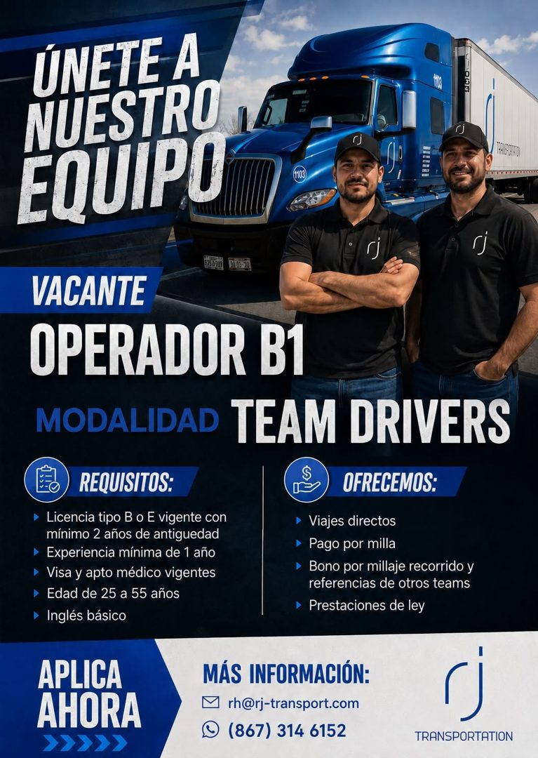 Banner del anuncio de la vacante: ÚNETE A · NUESTRO · EQUIPO · () · () · VACANTE · OPERADOR B1 · MODALIDAD TEAM DRIVERS · REQUISITOS: · OFRECEMOS: · • Licencia tipo B o E vig