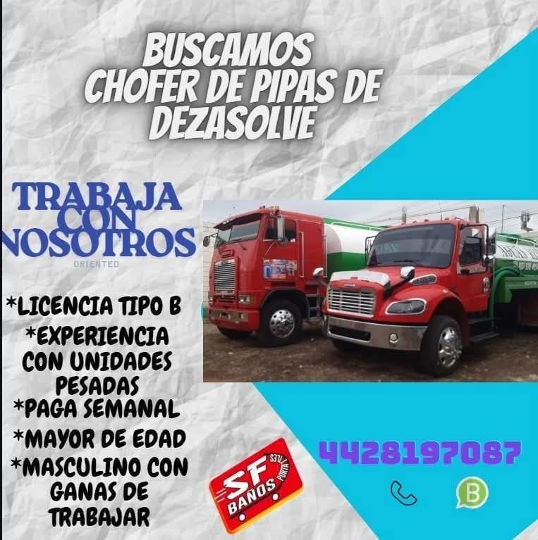 Banner del anuncio de la vacante: BUSCAMOS · CHOFER DE PIPAS DE · DEZASOLIE · INRABANA · CON · NOSOTROS · *LICENCIA TIPO B · *EXPERIENCIA · CON UNIDADES · PESADAS · *PAGA SEM
