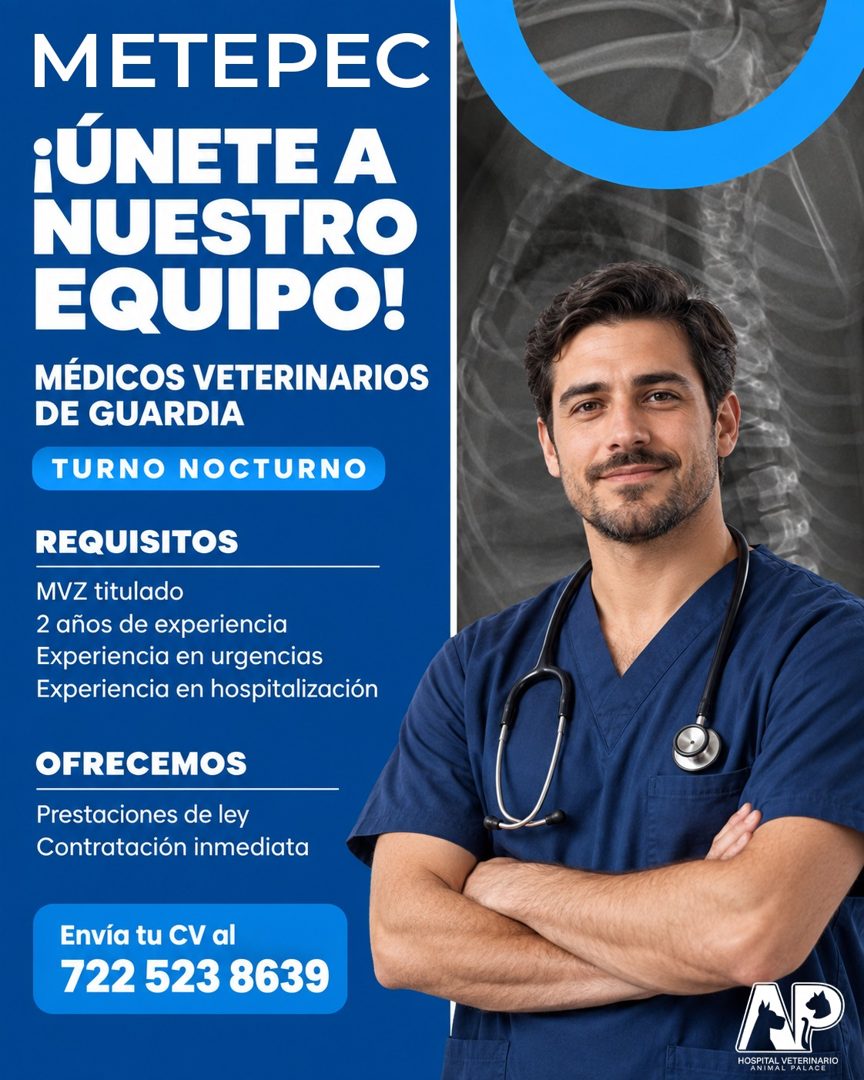 Banner del anuncio de la vacante: METEPEC · ¡ÚNETE A · NUESTRO · EQUIPO! · MÉDICOS VETERINARIOS · DE GUARDIA · TURNO NOCTURNO · REQUISITOS · MVZ titulado · 2 años de experien
