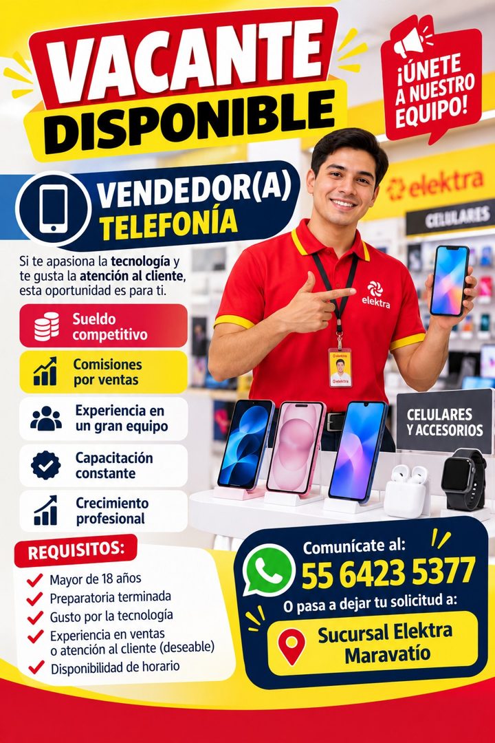 Banner del anuncio de la vacante: VACANTE · DISPONIBLE · VENDEDOR(A) · TELEFONÍA · Si te apasiona la tecnología y · te gusta la atención al cliente, · esta oportunidad es par