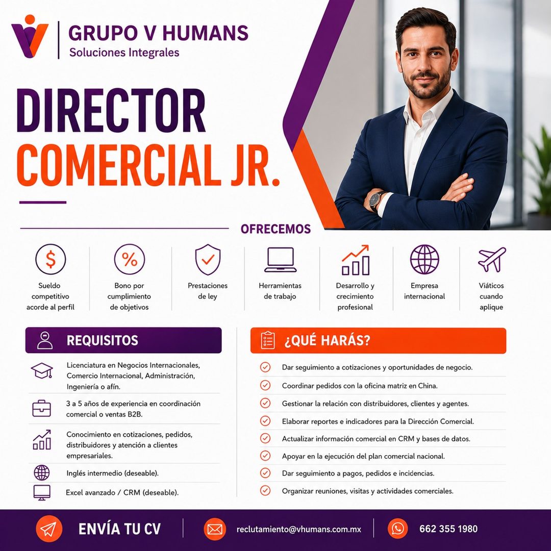 Banner del anuncio de la vacante: GRUPO V HUMANS · Soluciones Integrales · DIRECTOR · COMERCIAL JR. · OFRECEMOS · $ · Sueldo · competitivo · acorde al perfil · % · Bono por ·