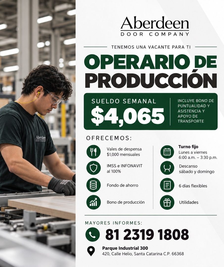 Banner del anuncio de la vacante: Aberdeen · 0004 (CONAT · Aberdeen · DOOR COMPANY · TENEMOS UNA VACANTE PARA TI · OPERARIO DE · PRODUCCIÓN · SUELDO SEMANAL · $4,065 · OFRECE