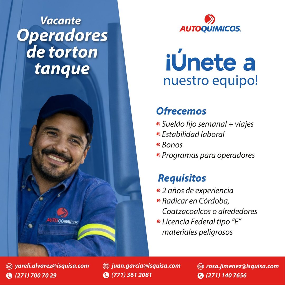 Banner del anuncio de la vacante: Vacante · Operadores · de torton · tanque · AUTO QUINICOS · AUTOQUIMICOS. · iUnete a · nuestro equipo! · Ofrecemos · • Sueldo fijo semanal +
