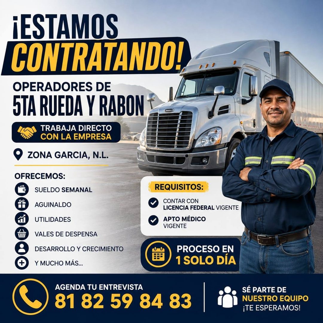 Banner del anuncio de la vacante: ¡ESTAMOS · CONTRATANDO! · OPERADORES DE · STA RUEDA Y RABON · TRABAJA DIRECTO · CON LA EMPRESA · ZONA GARCIA, N.L. · OFRECEMOS: · SUELDO SEM